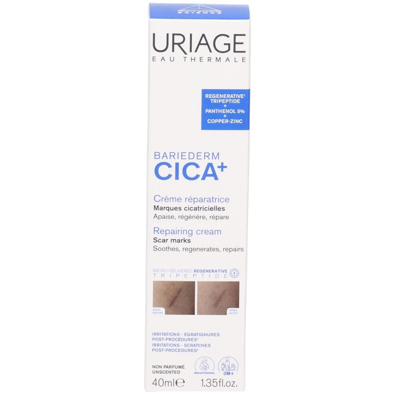 Tubo di crema Uriage BARIÉDERM Cica. Tubo bianco con testo blu. Contiene logo e informazioni.