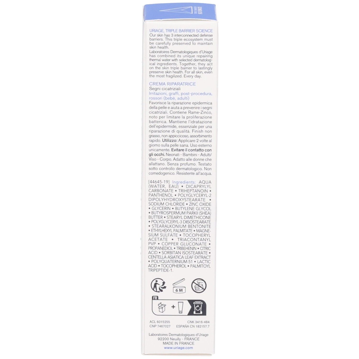 Tubo di crema Uriage BARIÉDERM Cica. Tubo bianco con testo blu. Contiene logo e informazioni.