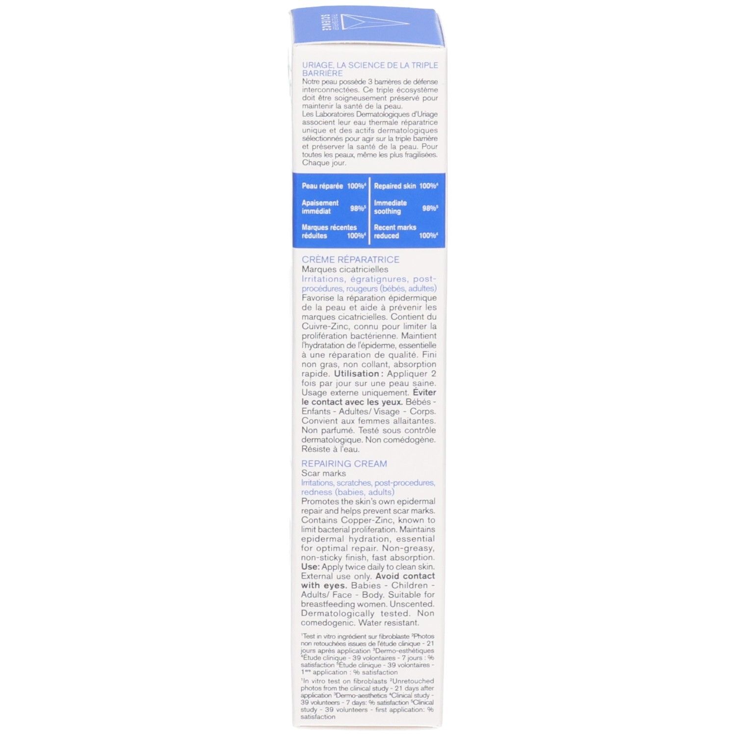 Tubo di crema Uriage BARIÉDERM Cica. Tubo bianco con testo blu. Contiene logo e informazioni.