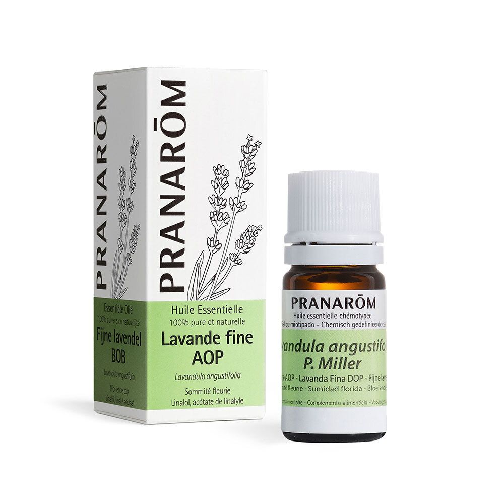 Flacone e scatola di olio essenziale PRANAROM Lavanda fine AOP. Scritte: 100% puro e naturale.