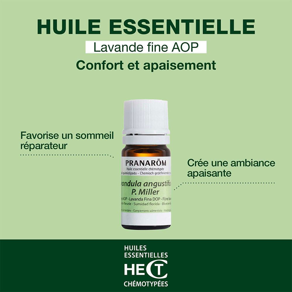 Pubblicità per olio essenziale. Testo: Huile essentielle Lavande fine AOP. Favorisce il sonno e calma.