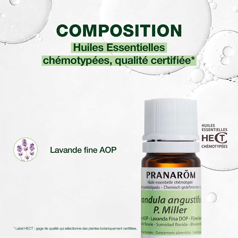 Flacone di olio essenziale. Testo: Huiles essentielles chémotypées, qualité certifiée. Lavande fine AOP.