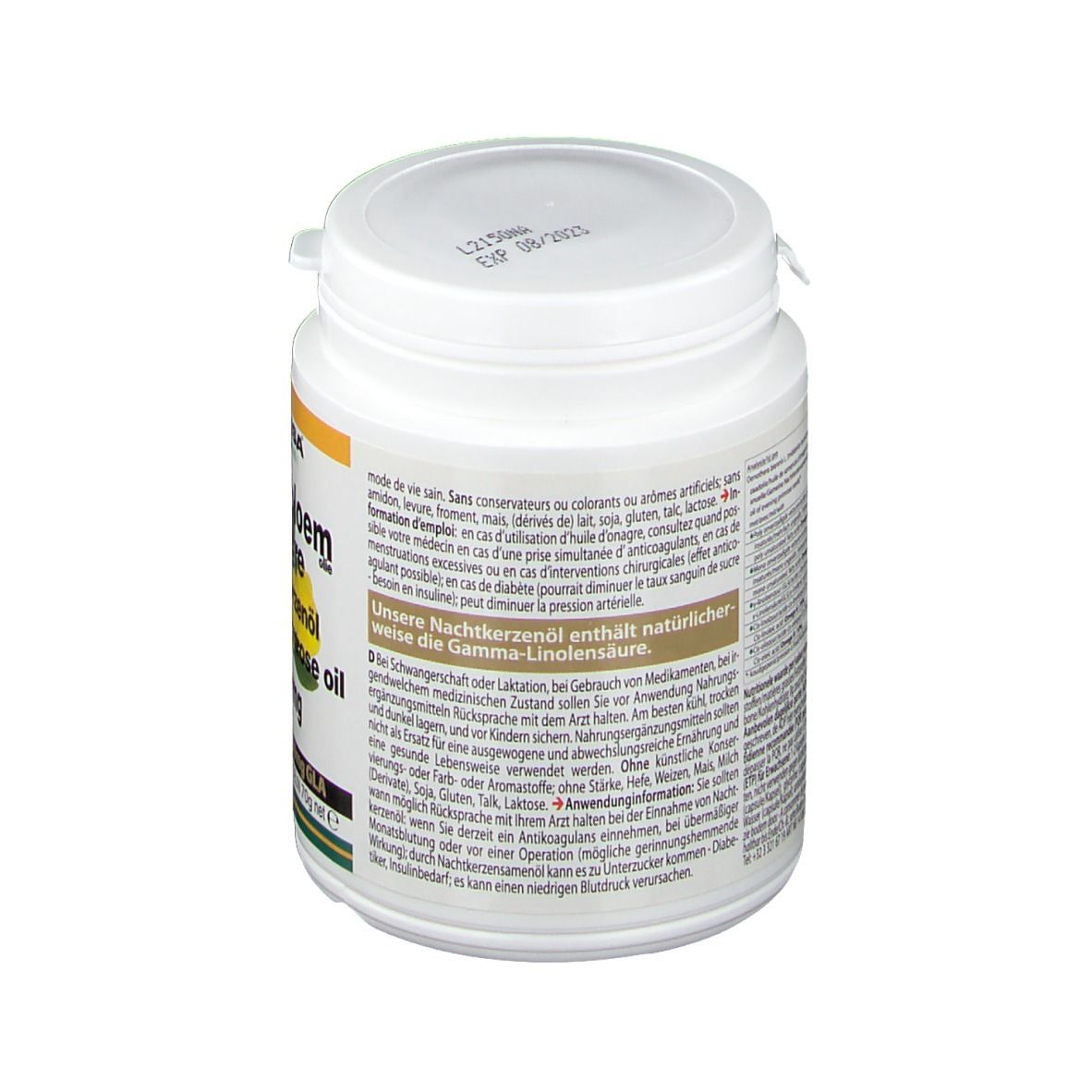 Retro di un barattolo bianco con tappo a vite. Testo in più lingue. Scritta: Nachtkerzenöl.