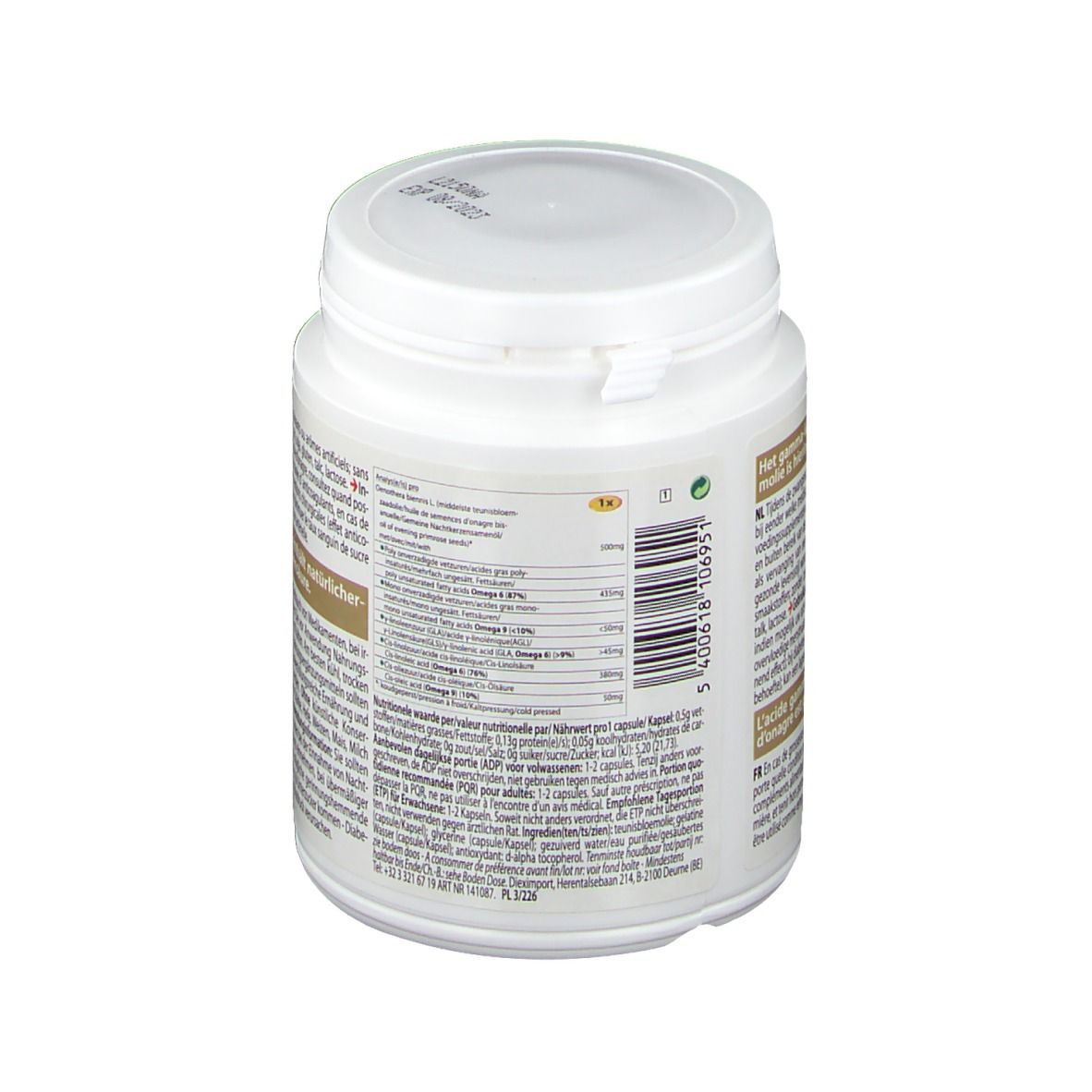 Retro di un barattolo bianco con tappo a vite. Testo in più lingue. Scritta: Ingredienti.