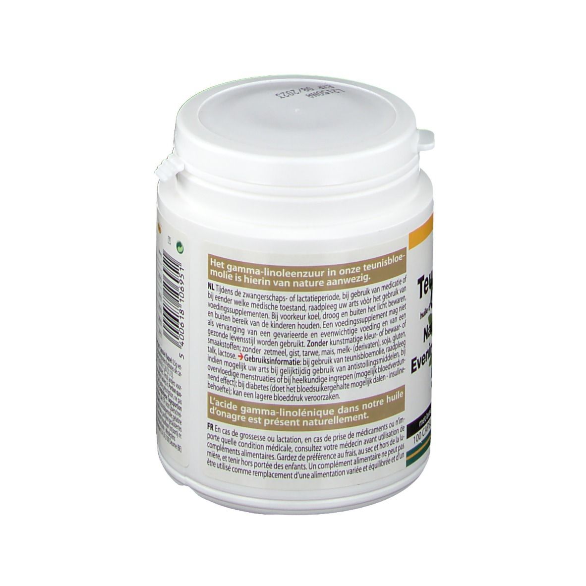 Retro di un barattolo bianco con tappo a vite. Testo in più lingue. Scritta: Acido gamma-linolenico.