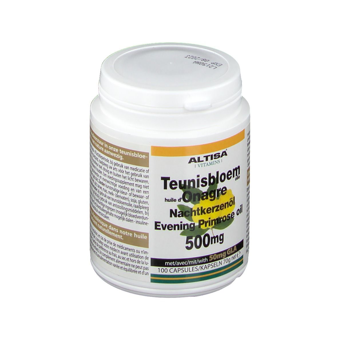 Barattolo bianco con tappo a vite. Scritta: Altisa, Teunisbloem, Onagre, Nachtkerzenöl, Evening Primrose oil, 500mg.
