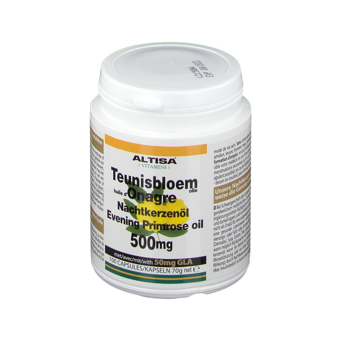 Barattolo bianco con tappo a vite. Scritta: Altisa, Teunisbloem, Onagre, Nachtkerzenöl, Evening Primrose oil, 500mg.