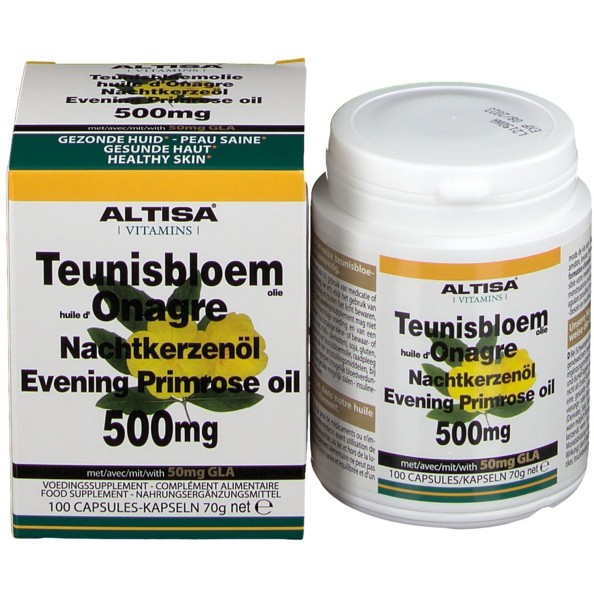 Confezione del prodotto con barattolo e scatola. Scritta: Altisa, Teunisbloem, Onagre, Nachtkerzenöl, Evening Primrose oil, 500mg.