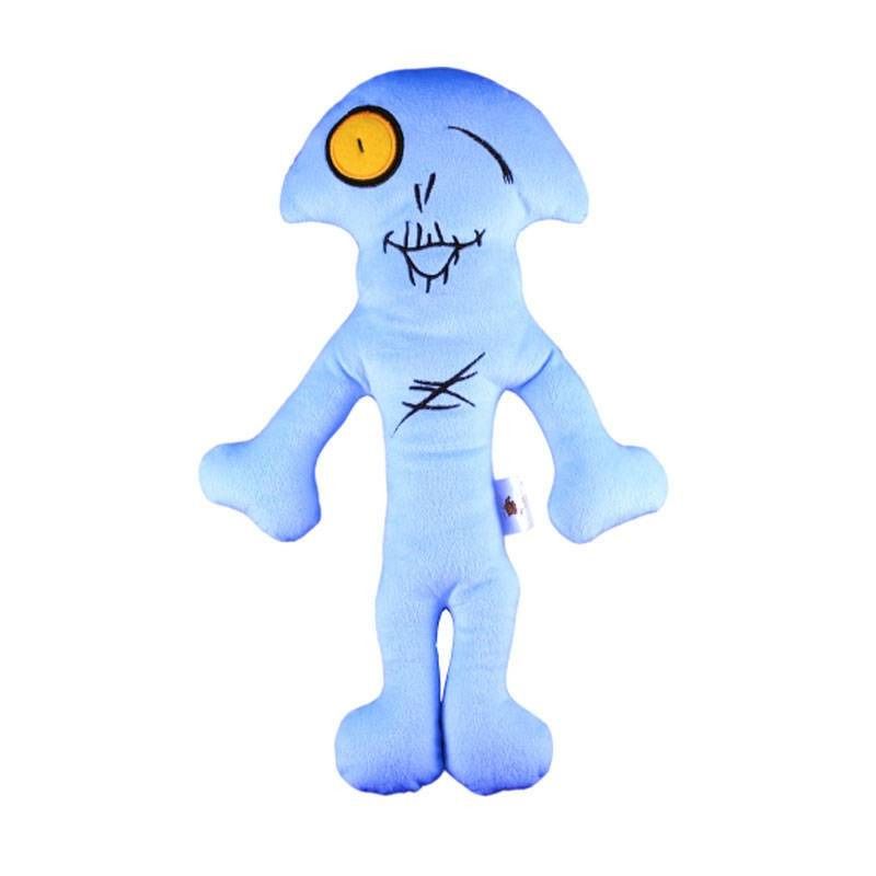 Peluche blu a forma di teschio con occhio giallo e volto stampato. Braccia e gambe distese.