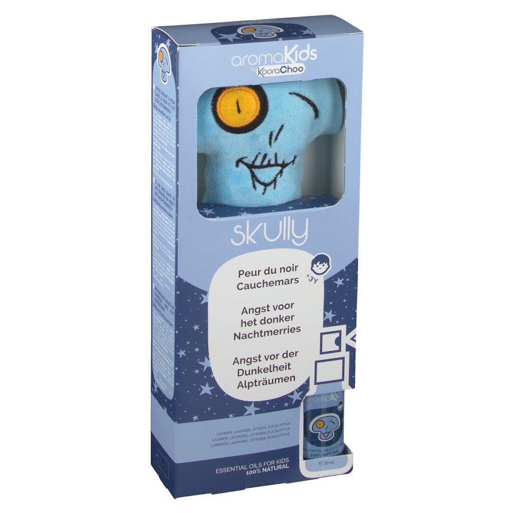 Confezione del prodotto con peluche blu a forma di teschio. Teschio stampato con occhio giallo. Nome del prodotto e testi multilingue.