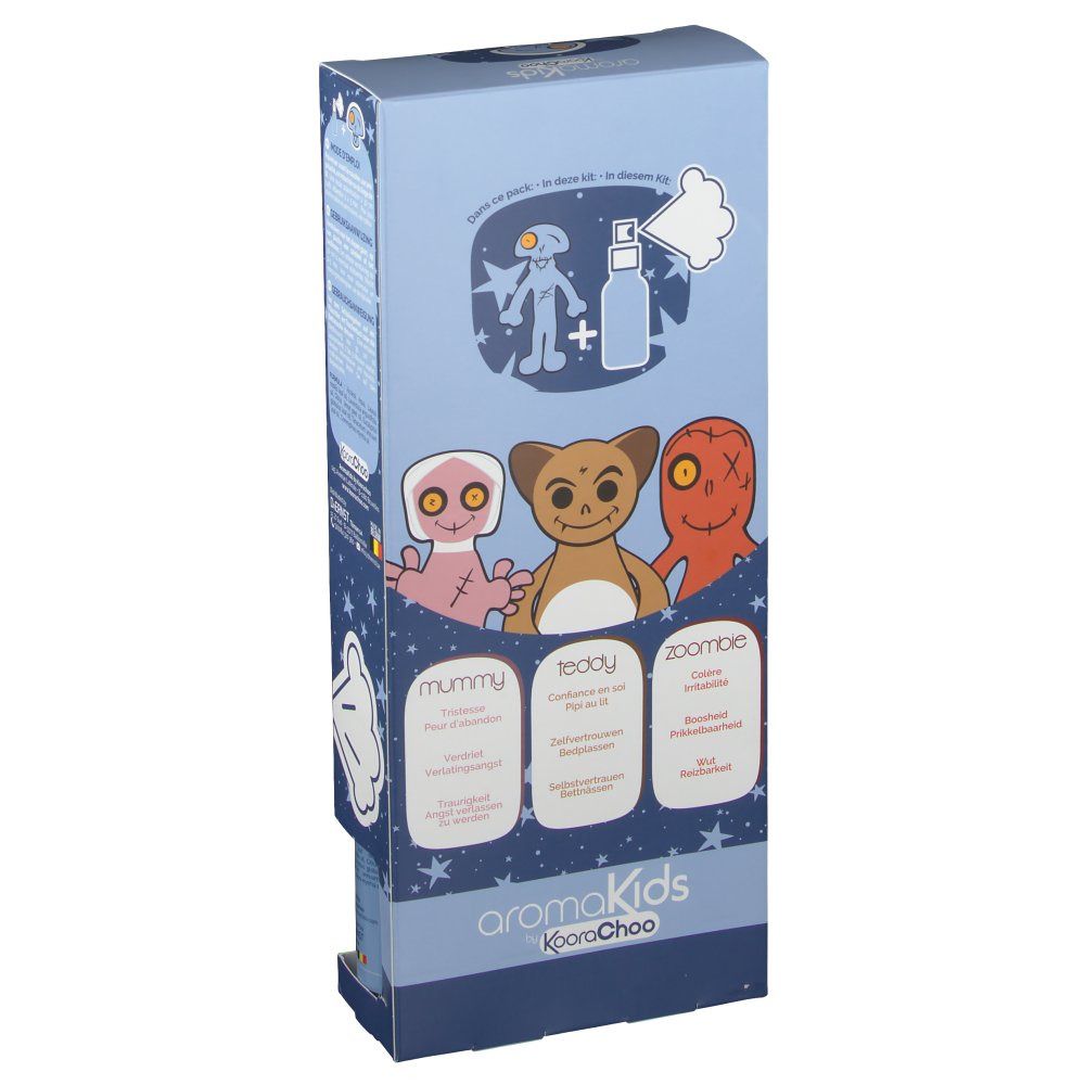 Confezione del prodotto con tre diversi peluche. Marchio e nome del prodotto visibili. Testi multilingue.