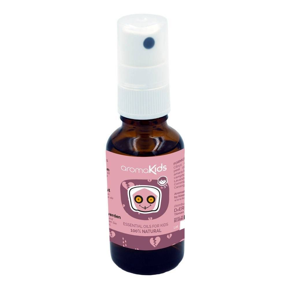 Flacone di vetro marrone con vaporizzatore bianco ed etichetta rosa. Nome del prodotto e illustrazioni visibili.