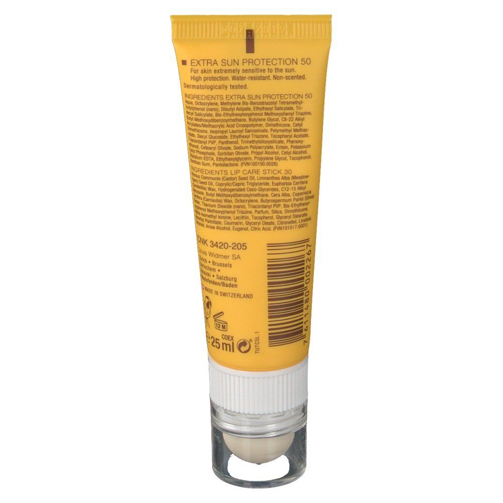 Retro del tubo giallo Louis Widmer Extra Sonnenschutz SPF50. Testo: ingredienti, 25 ml, codice a barre, origine.