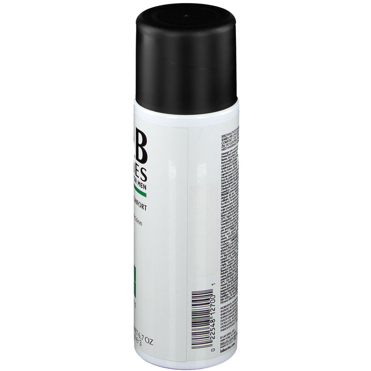 Flacone cilindrico, vista laterale. Tappo nero. Scritta: LAB SERIES, Maximum Comfort Shave Gel. Codice a barre.