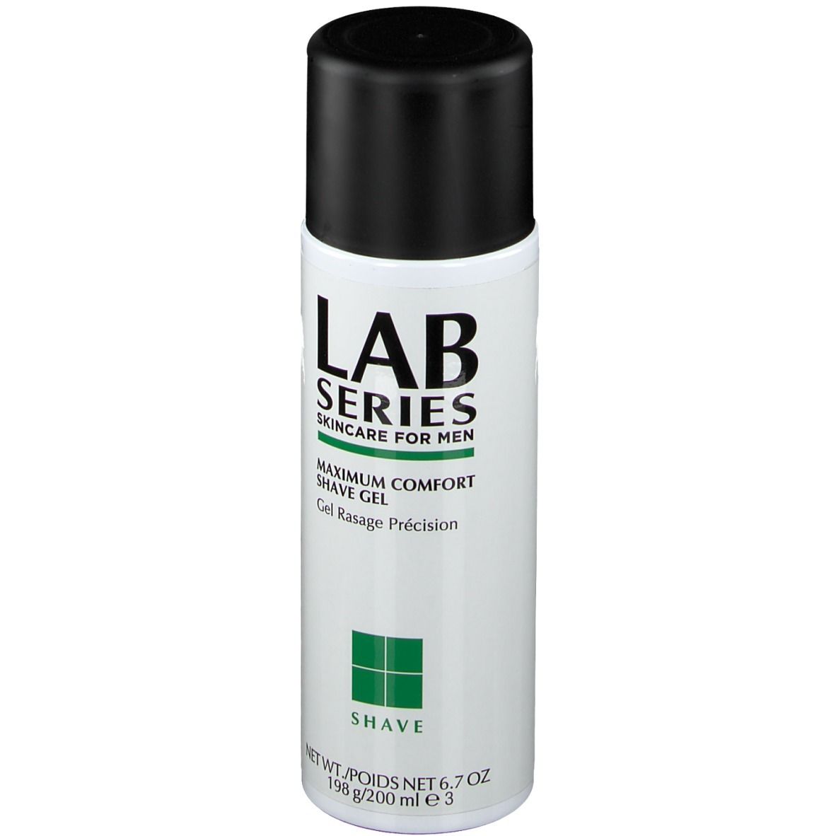 Flacone cilindrico bianco e nero con tappo nero. Scritta: LAB SERIES, Maximum Comfort Shave Gel. Quadrato verde in basso.