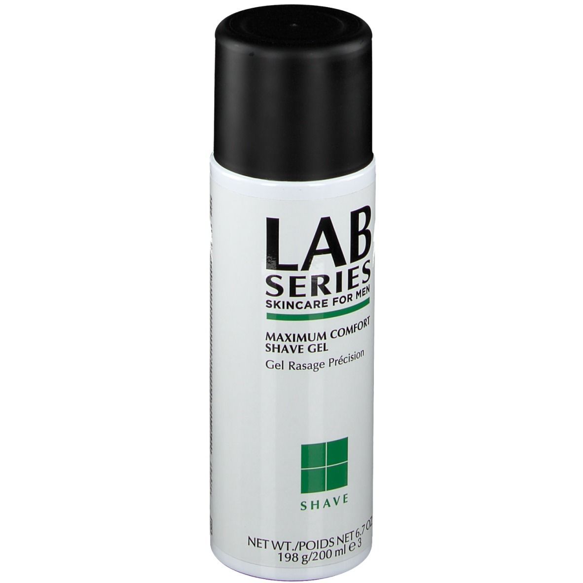 Flacone cilindrico bianco e nero con tappo nero. Scritta: LAB SERIES, Maximum Comfort Shave Gel. Quadrato verde in basso.