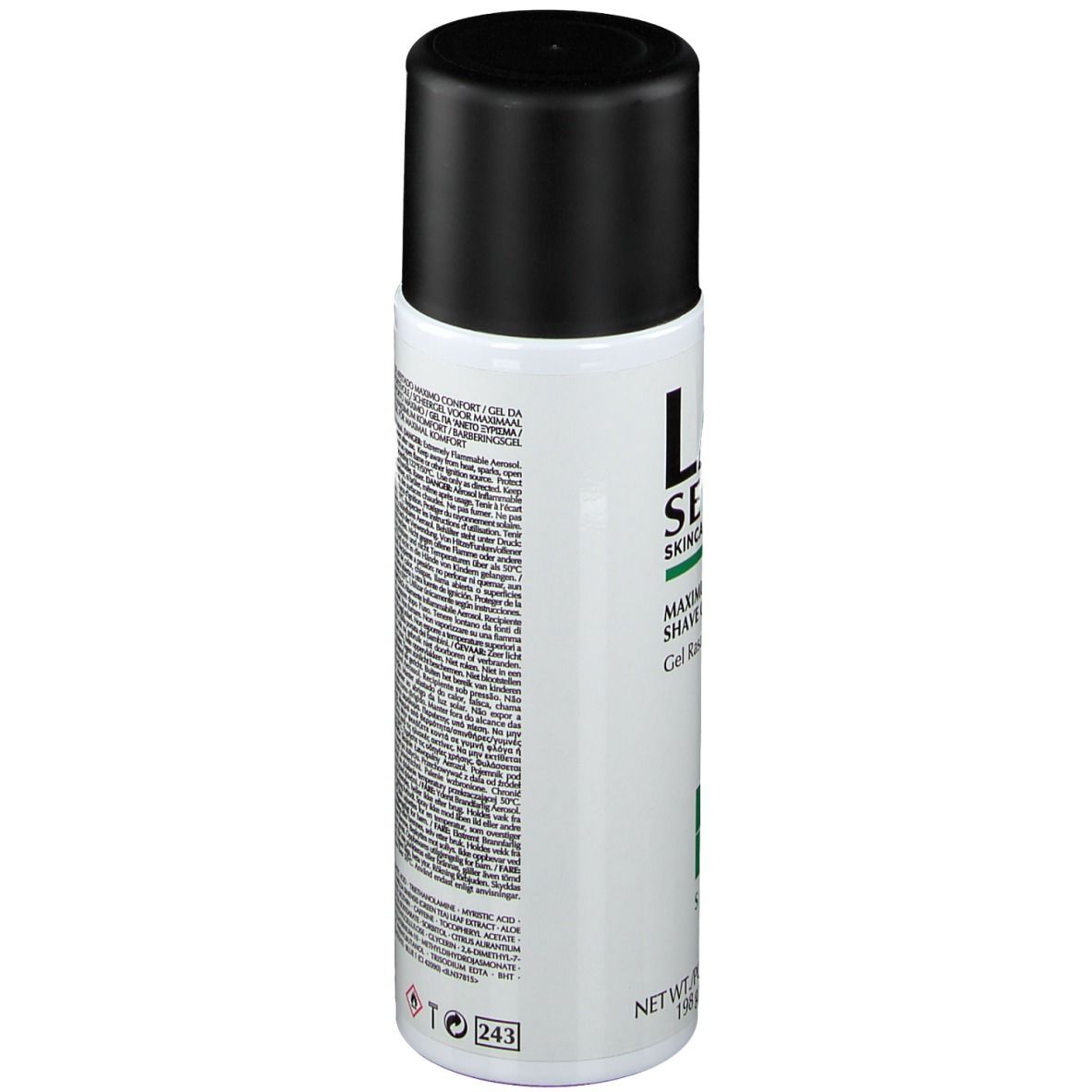 Flacone cilindrico, retro. Tappo nero. Testo multilingue. Avvertenze e ingredienti.