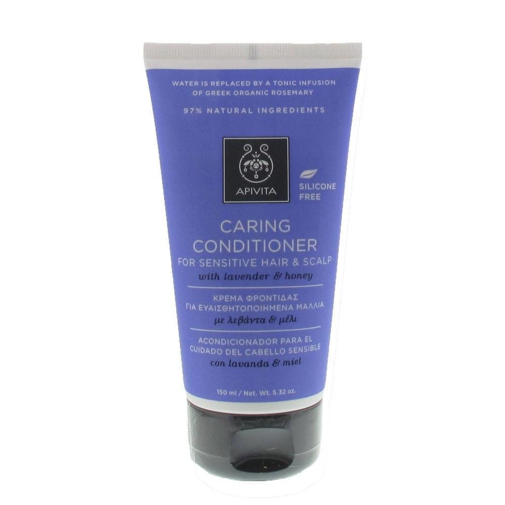 Tubo blu con tappo nero. Scritta: Caring Conditioner per capelli e cuoio capelluto sensibili. Marchio: Apivita.