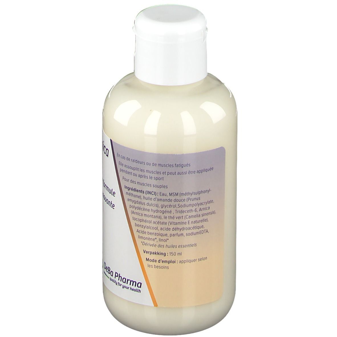 Retro del flacone di crema. Testo: Ingredienti, istruzioni per l'uso. Logo DeBa Pharma.