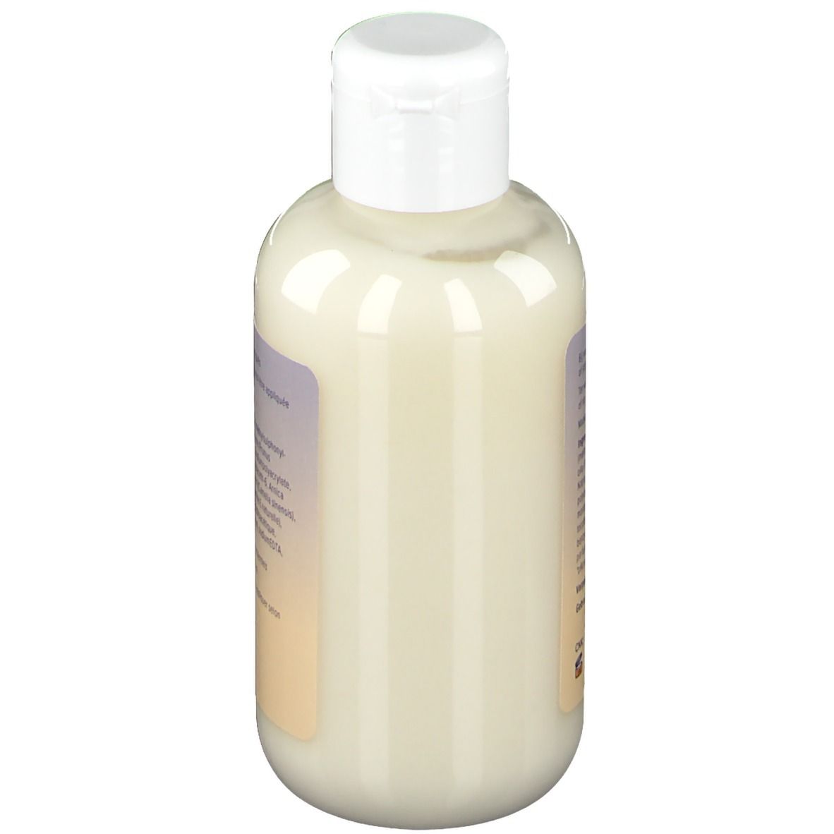 Flacone di crema, vista laterale. Tappo bianco, liquido color crema. Etichetta con testo.