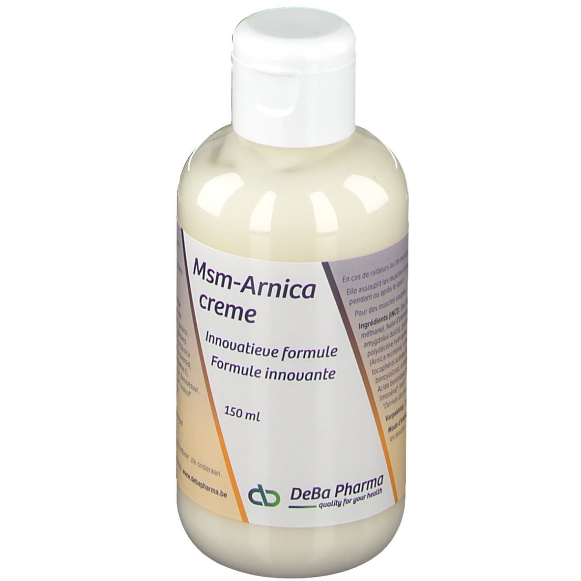 Flacone di crema con tappo bianco. Scritta: Msm-Arnica crema, 150 ml. Logo DeBa Pharma.