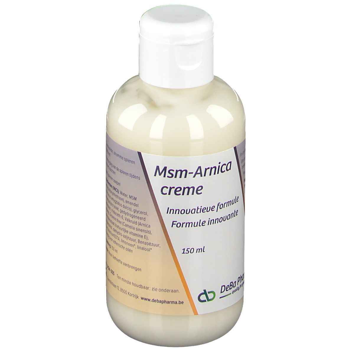 Flacone di crema con tappo bianco. Scritta: Msm-Arnica crema, 150 ml. Logo DeBa Pharma.