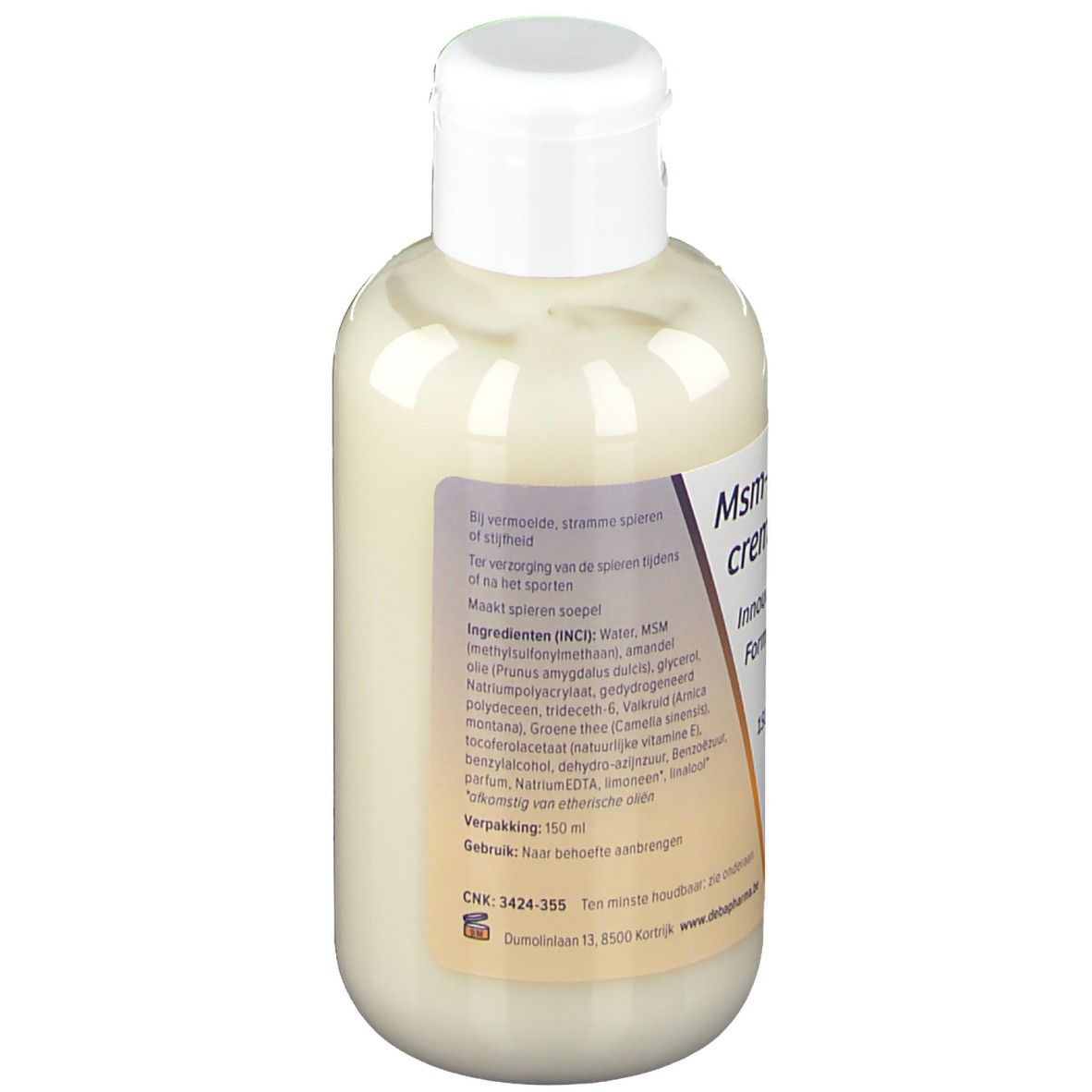 Retro del flacone di crema. Testo: Ingredienti, istruzioni per l'uso. Logo DeBa Pharma.