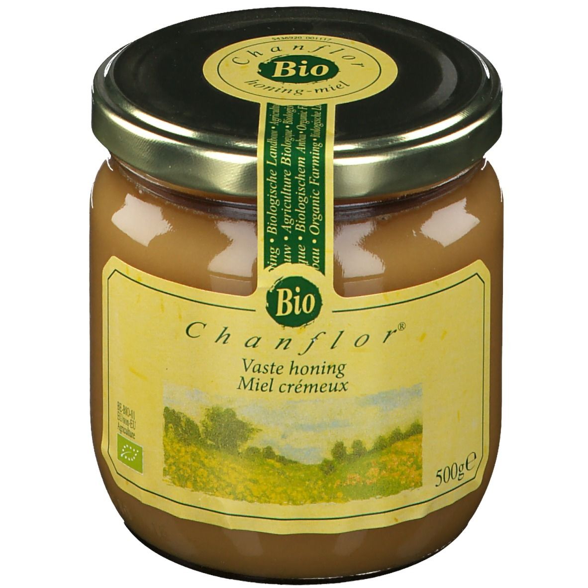 Vasetto di miele con coperchio. Etichetta con "Chanflor", "Bio" e paesaggio. Scritta "Vaste honing Miel crémeux".