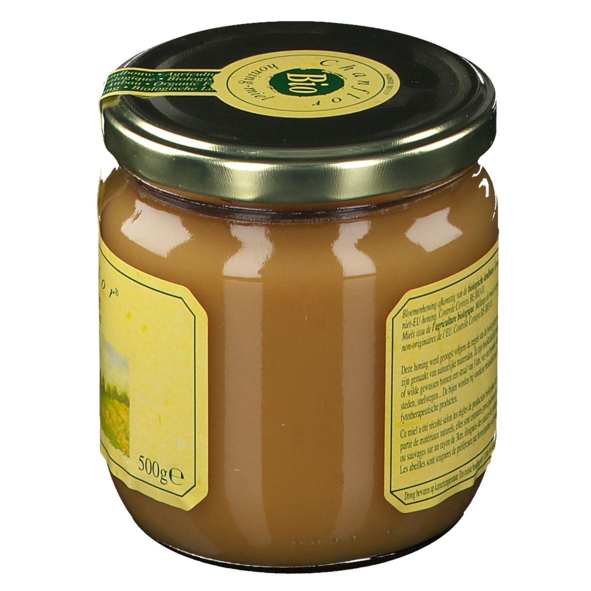 Vasetto di miele con coperchio. Etichette con testo. Scritta "Chanflor". Vista posteriore del vasetto di miele.