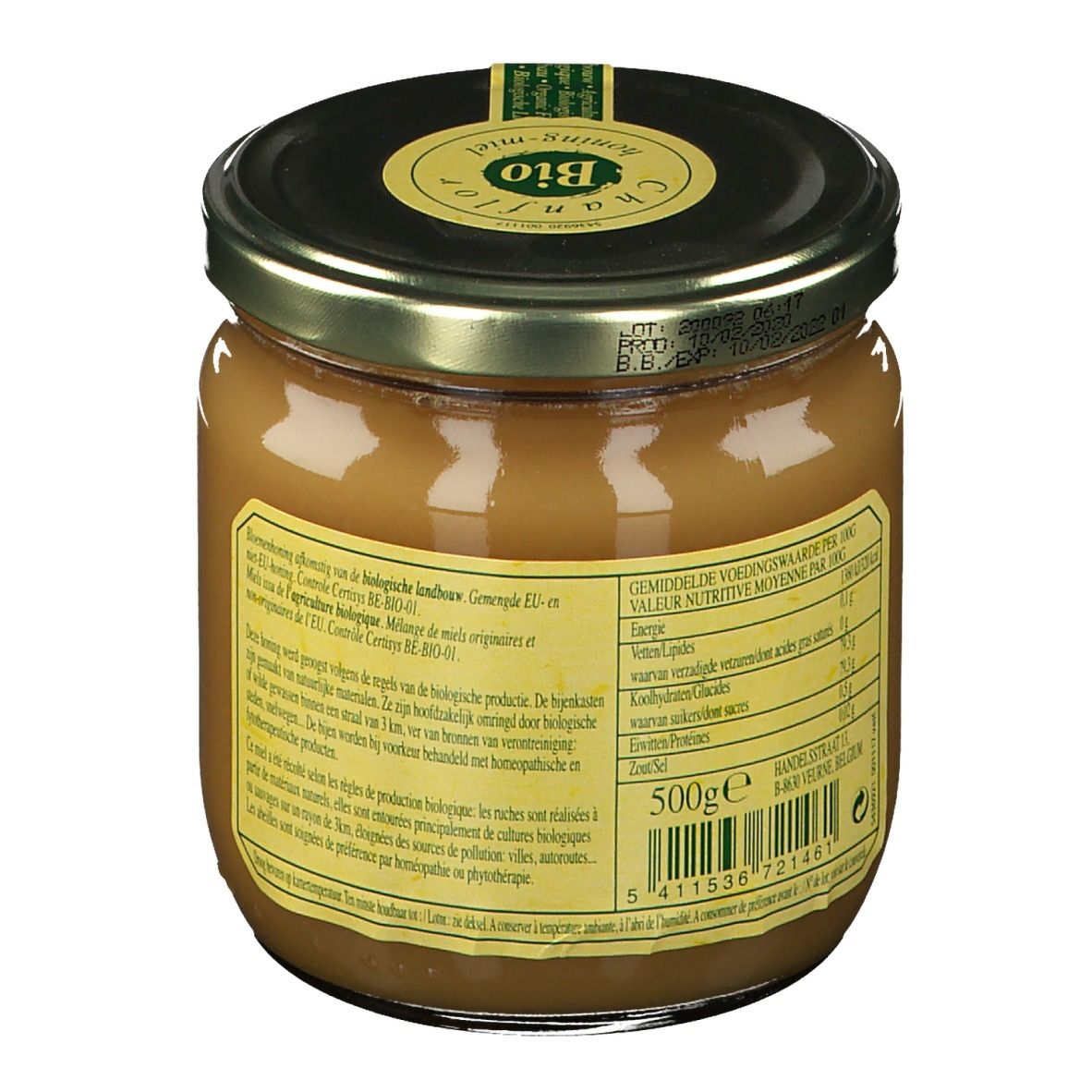 Vasetto di miele con coperchio. Etichette con testo. Scritta "Chanflor". Vista posteriore del vasetto di miele.