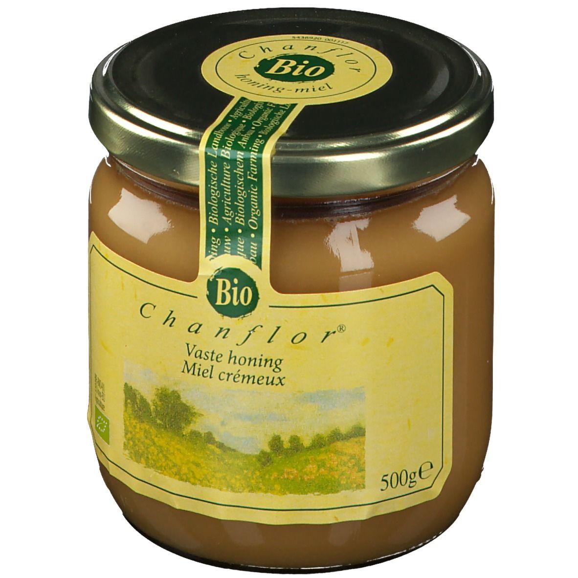 Vasetto di miele con coperchio. Etichetta con "Chanflor", "Bio" e paesaggio. Scritta "Vaste honing Miel crémeux".