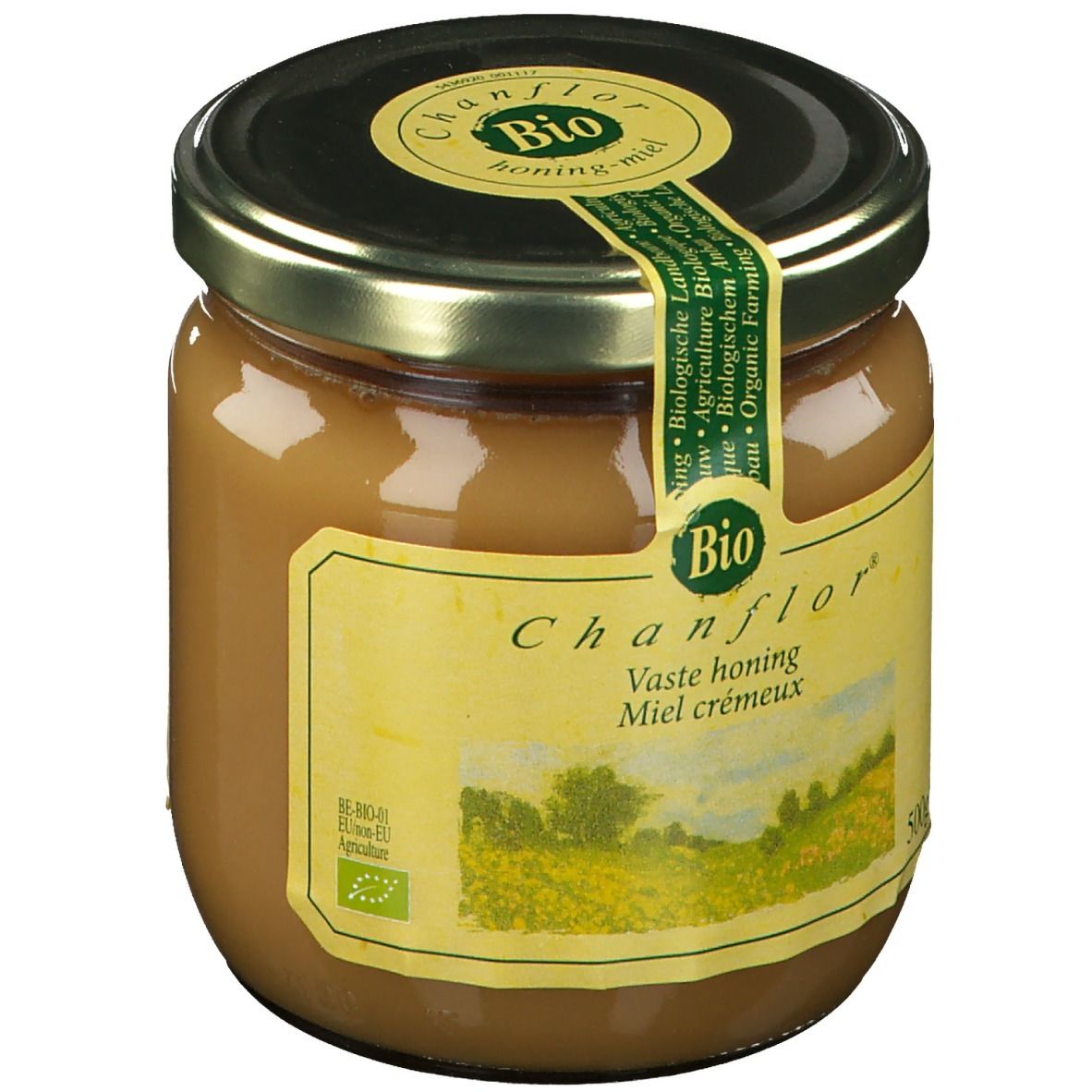 Vasetto di miele con coperchio. Etichetta con "Chanflor", "Bio" e paesaggio. Scritta "Vaste honing Miel crémeux".