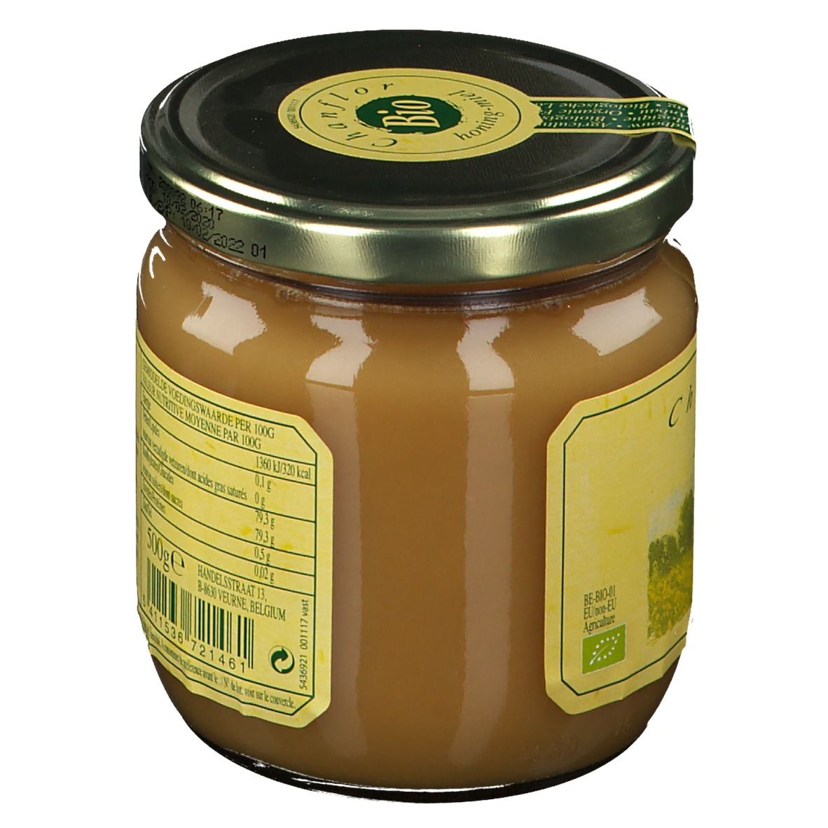 Vasetto di miele con coperchio. Etichette con testo. Scritta "Chanflor". Vista posteriore del vasetto di miele.