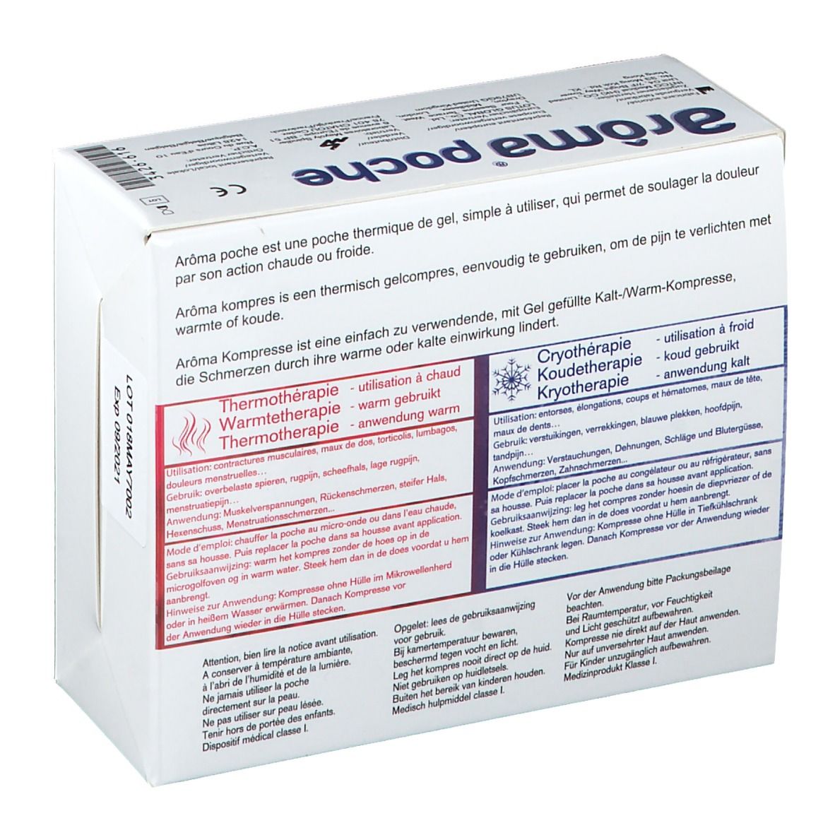 Retro della confezione di Aroma poche kompresse. Testi multilingue. Informazioni sull'uso.