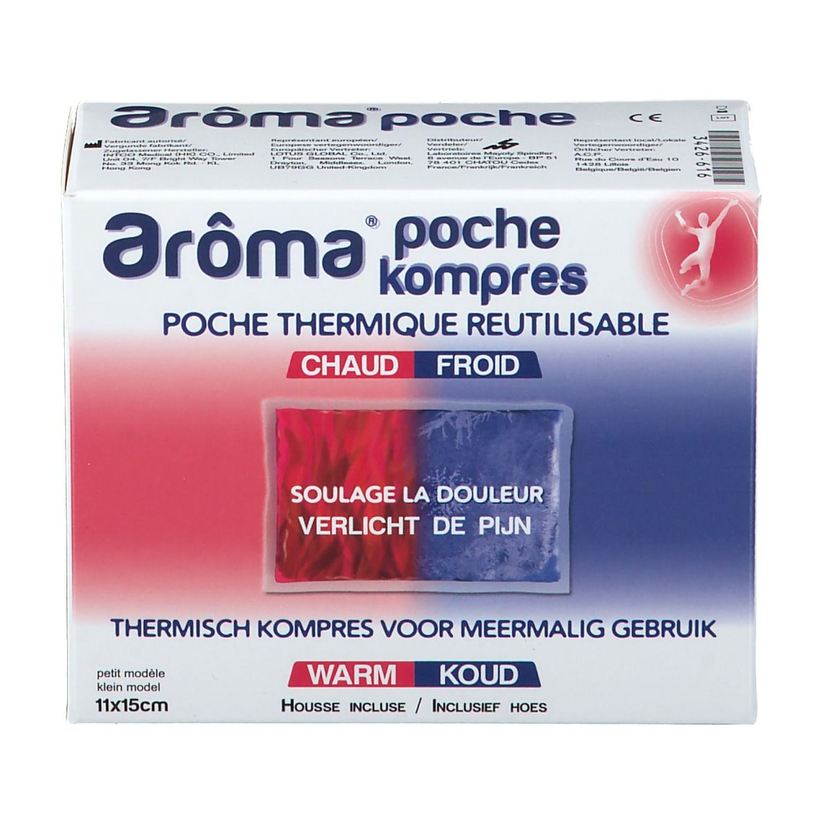 Confezione di Aroma poche kompresse. Compressa termica 11x15cm. Indicazioni caldo/freddo. Testo: "Soulage la douleur".