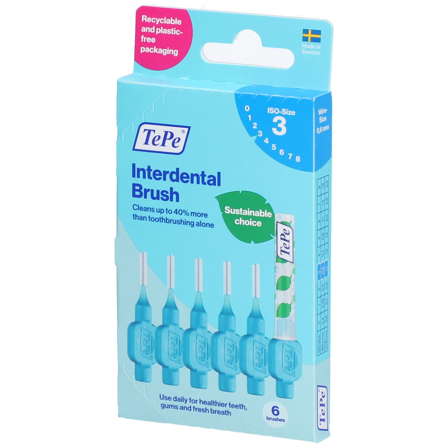 Scatola di cartone con scovolini blu. Sei pezzi, taglia 3. Marca TePe.