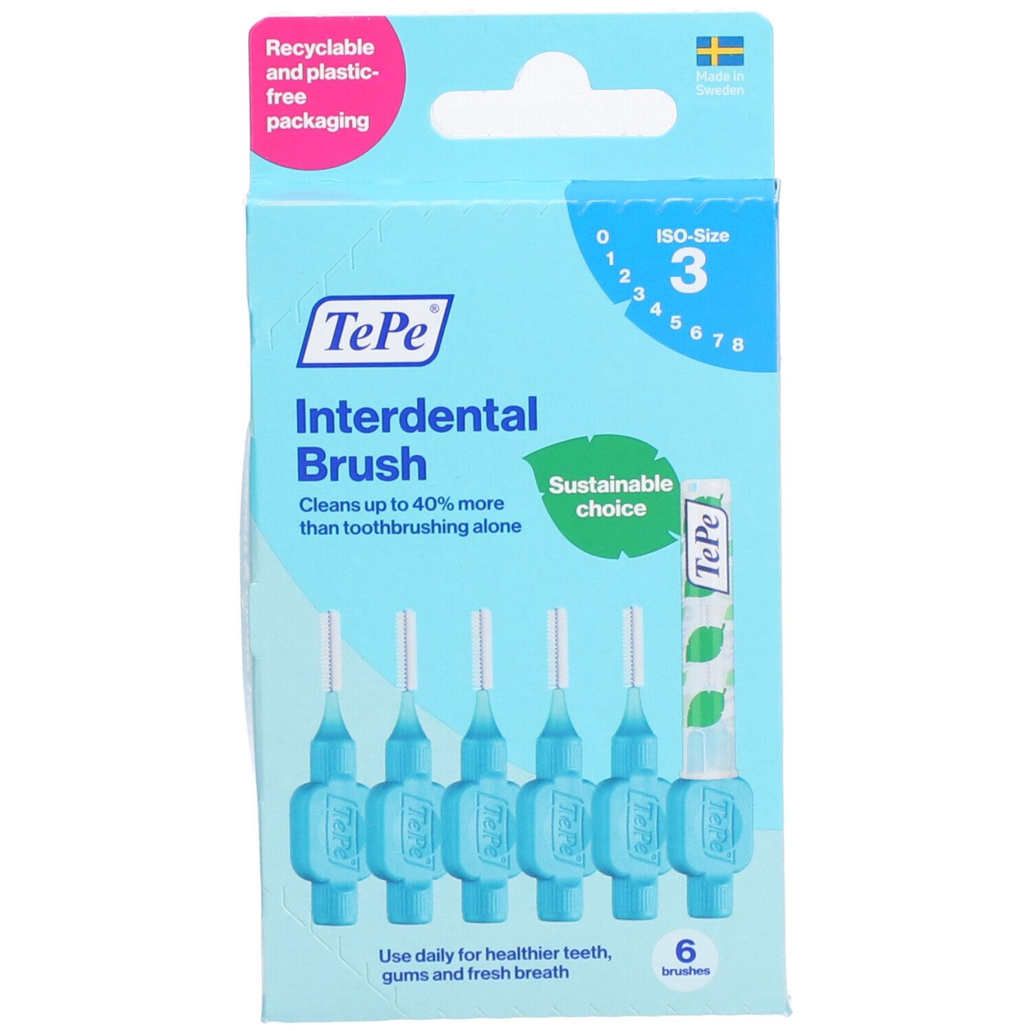 Scatola di cartone con scovolini blu. Sei pezzi, taglia 3. Marca TePe.