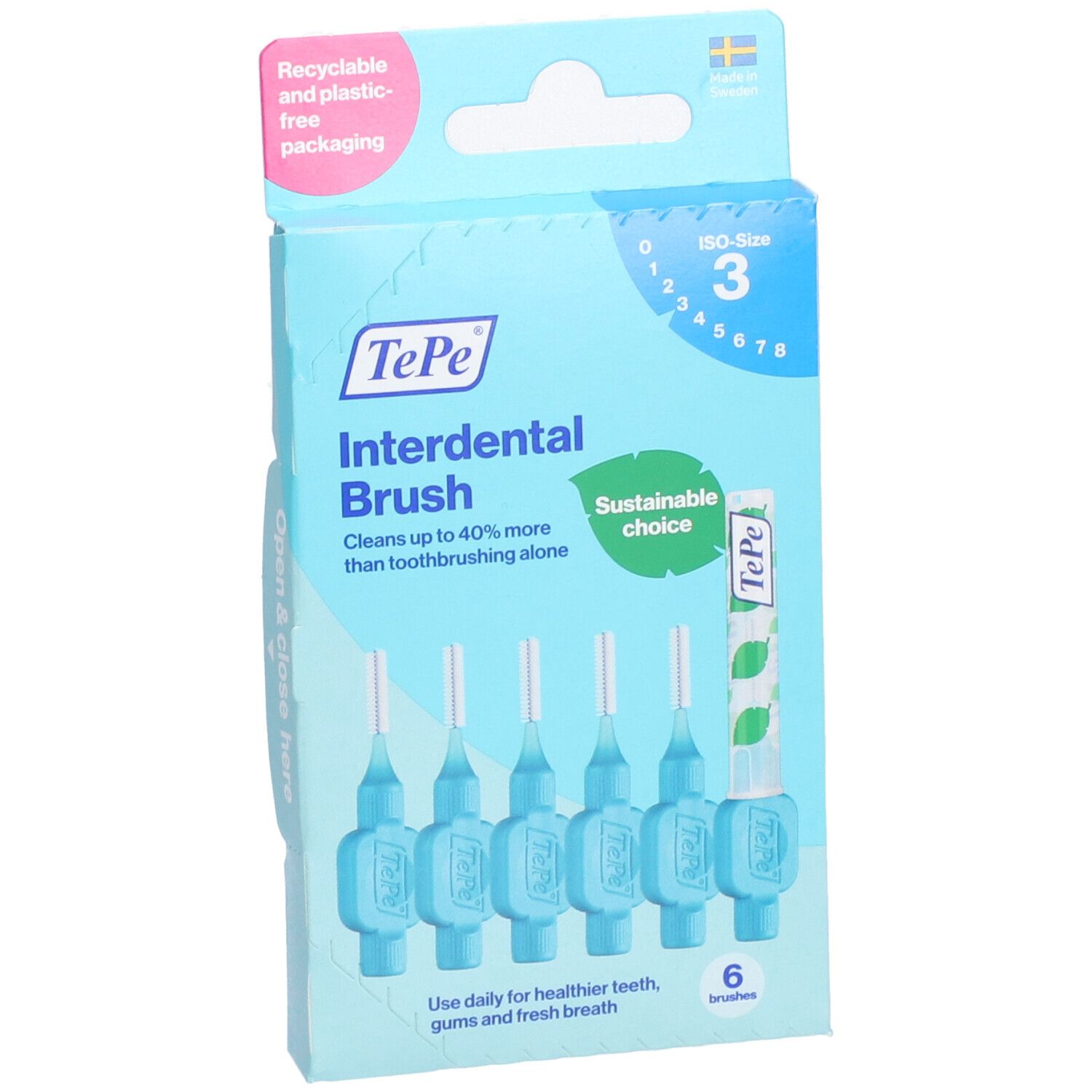 Scatola di cartone con scovolini blu. Sei pezzi, taglia 3. Marca TePe.