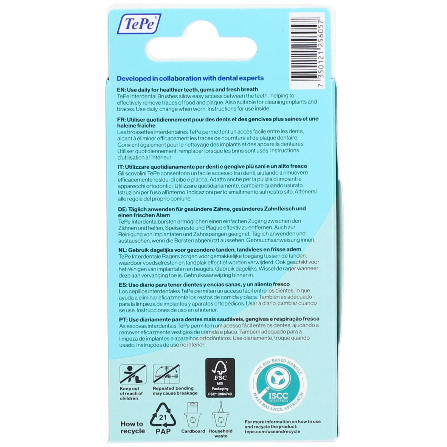 Retro della confezione con testo multilingue. Certificazione FSC e simbolo di riciclaggio visibili.