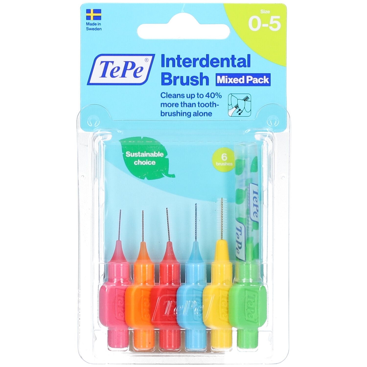Scovolini interdentali in blister. Sei spazzolini con manici colorati. Misure: 0-5. Marchio TePe.