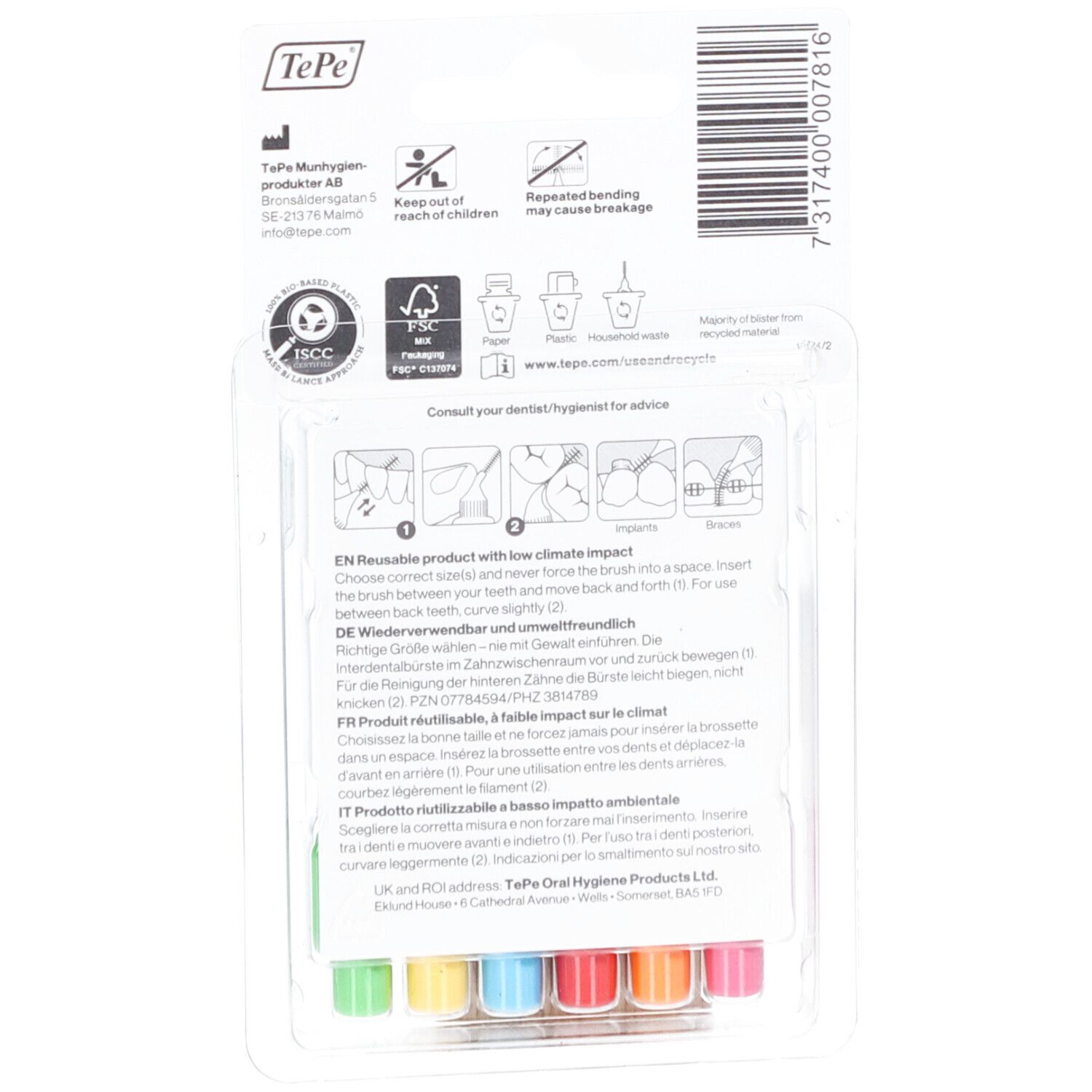 Retro della confezione blister con informazioni. Contiene istruzioni e informazioni sulla riutilizzabilità.