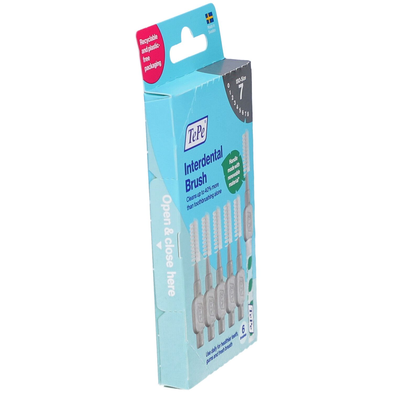 TePe Interdental Brush, taglia 7. 6 spazzolini in una scatola. Imballaggio riciclabile e senza plastica. Manico in materiale rinnovabile.