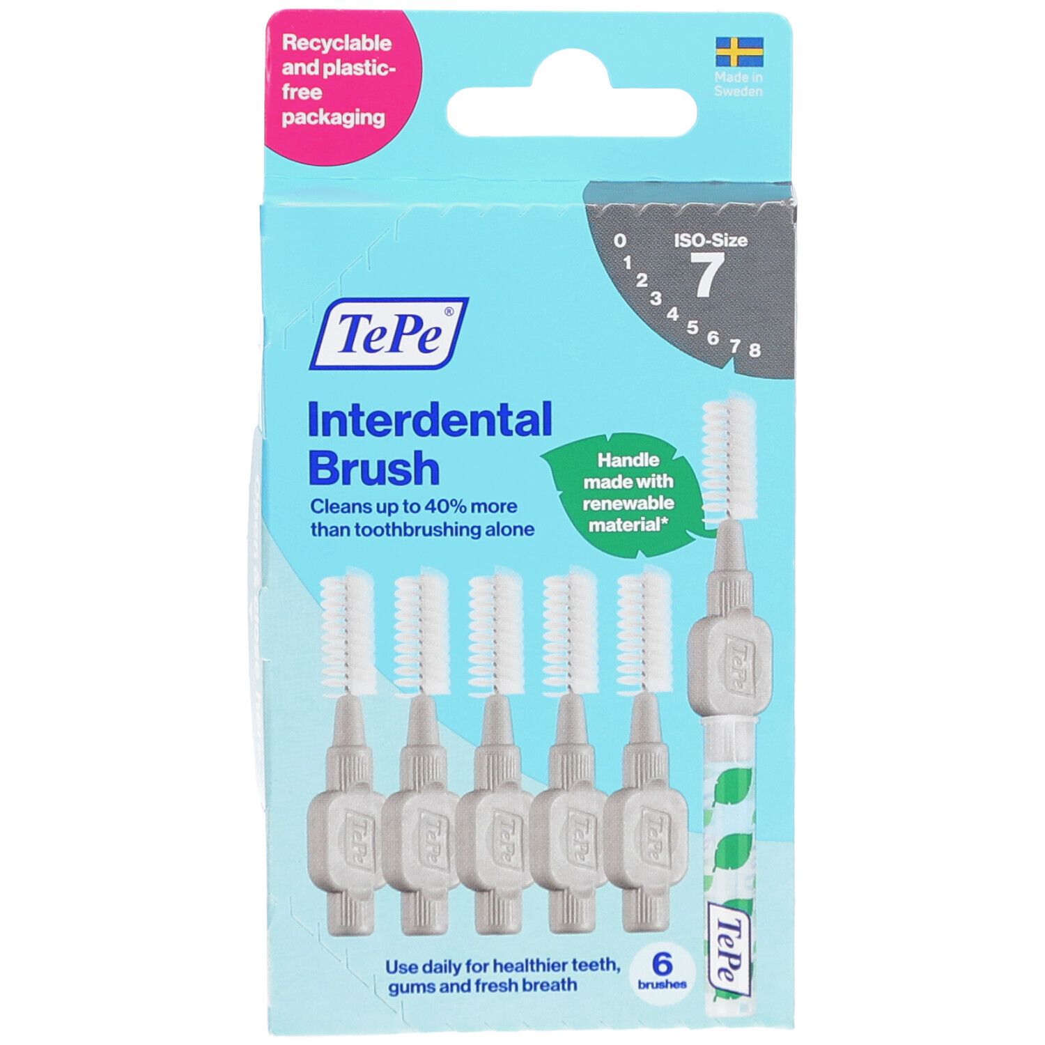 TePe Interdental Brush, taglia 7. 6 spazzolini in una scatola. Imballaggio riciclabile e senza plastica. Manico in materiale rinnovabile.