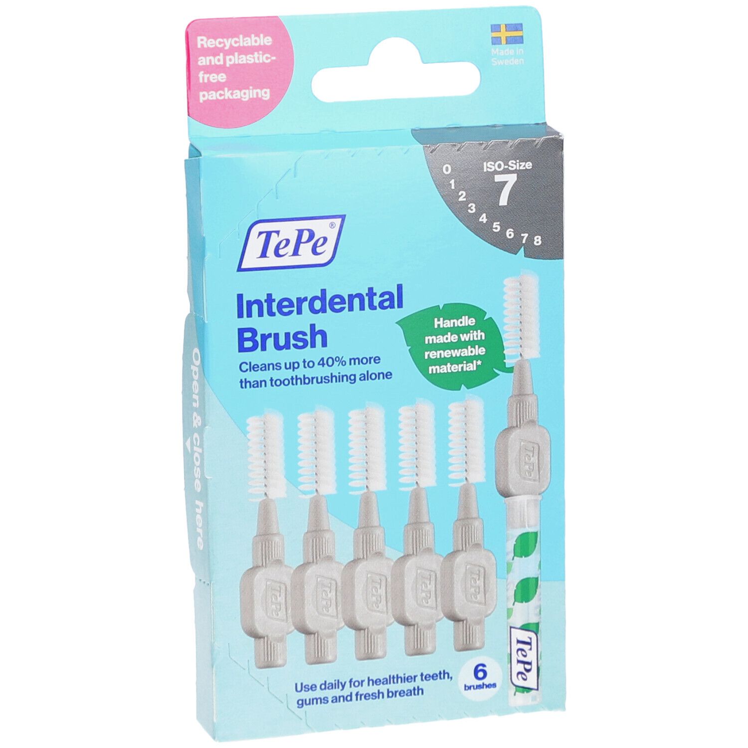 TePe Interdental Brush, taglia 7. 6 spazzolini in una scatola. Imballaggio riciclabile e senza plastica. Manico in materiale rinnovabile.