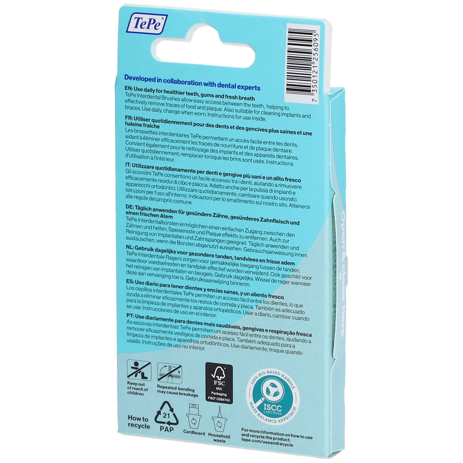 Vista laterale della confezione con testo. Informazioni sull'uso. Certificazione FSC.