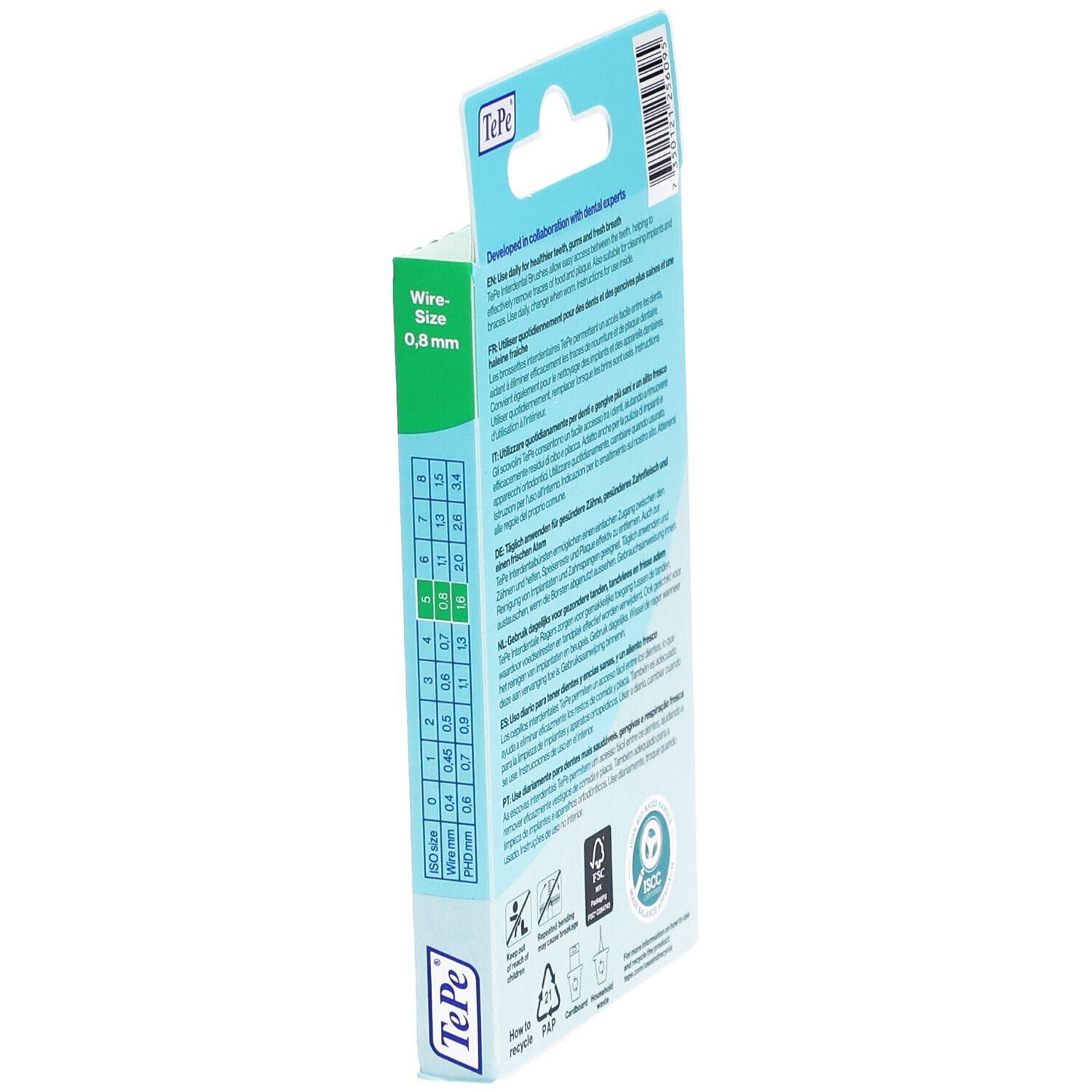 Vista laterale della confezione. Dimensione filo 0,8 mm. Indicazioni delle dimensioni. Marchio TePe.