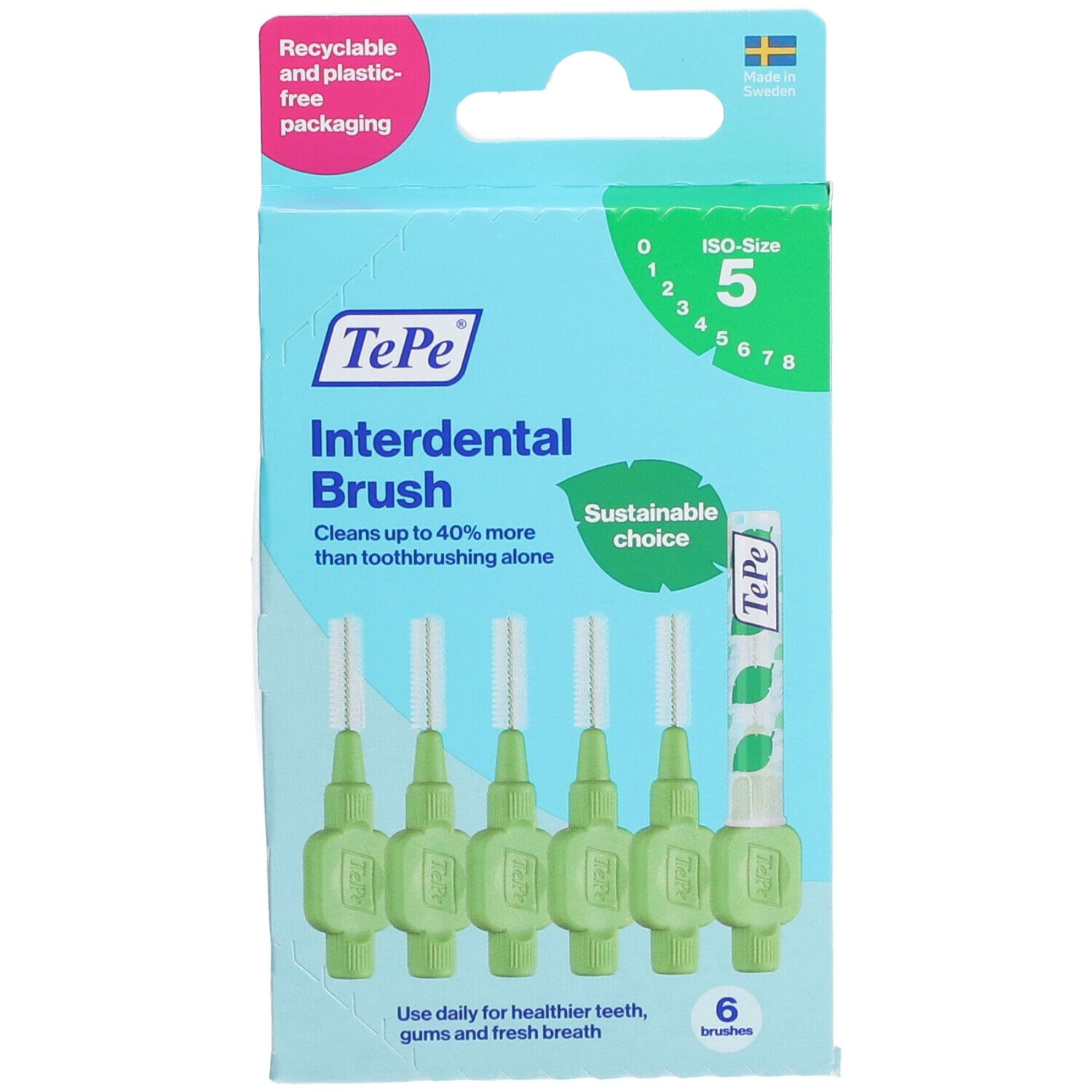 Confezione da 6 scovolini verdi. Marchio TePe. Pulisce fino al 40% in più. Scelta sostenibile.