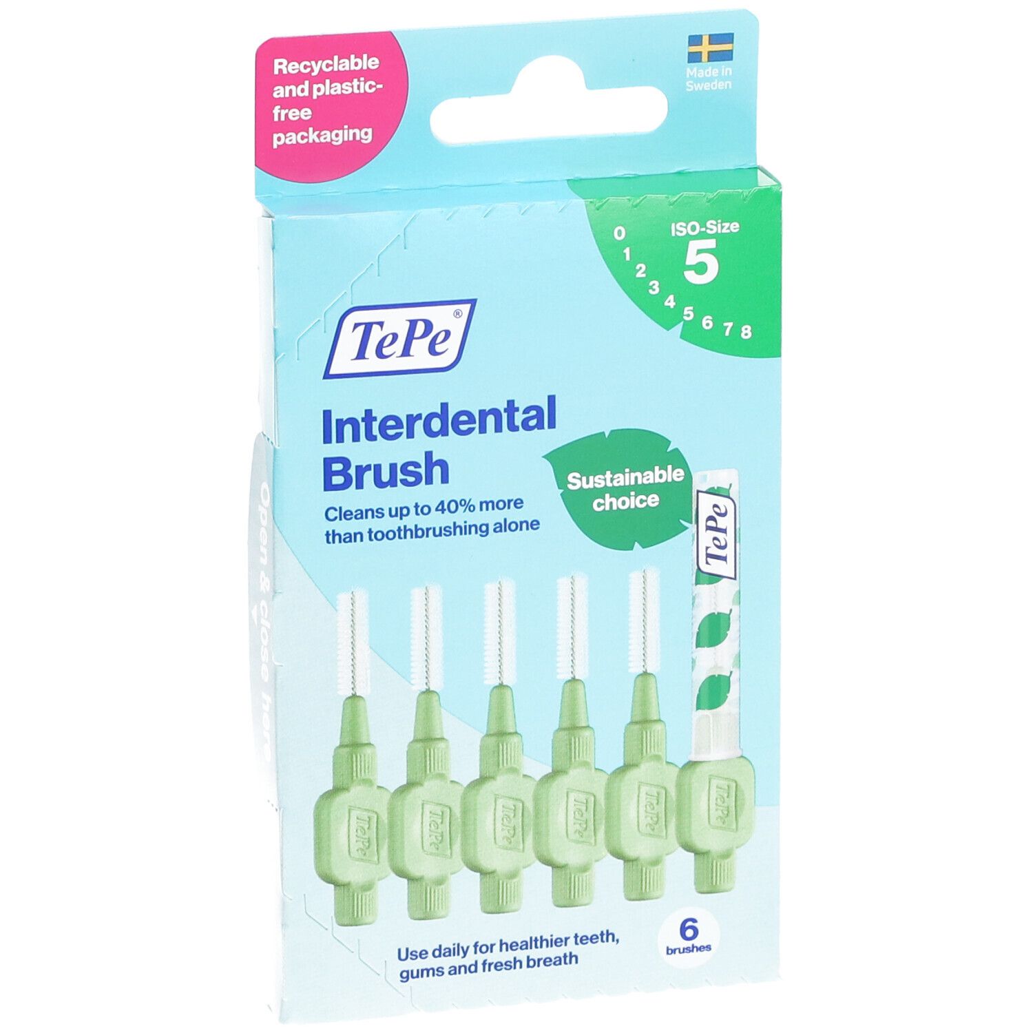 Confezione da 6 scovolini verdi. Marchio TePe. Pulisce fino al 40% in più. Scelta sostenibile.