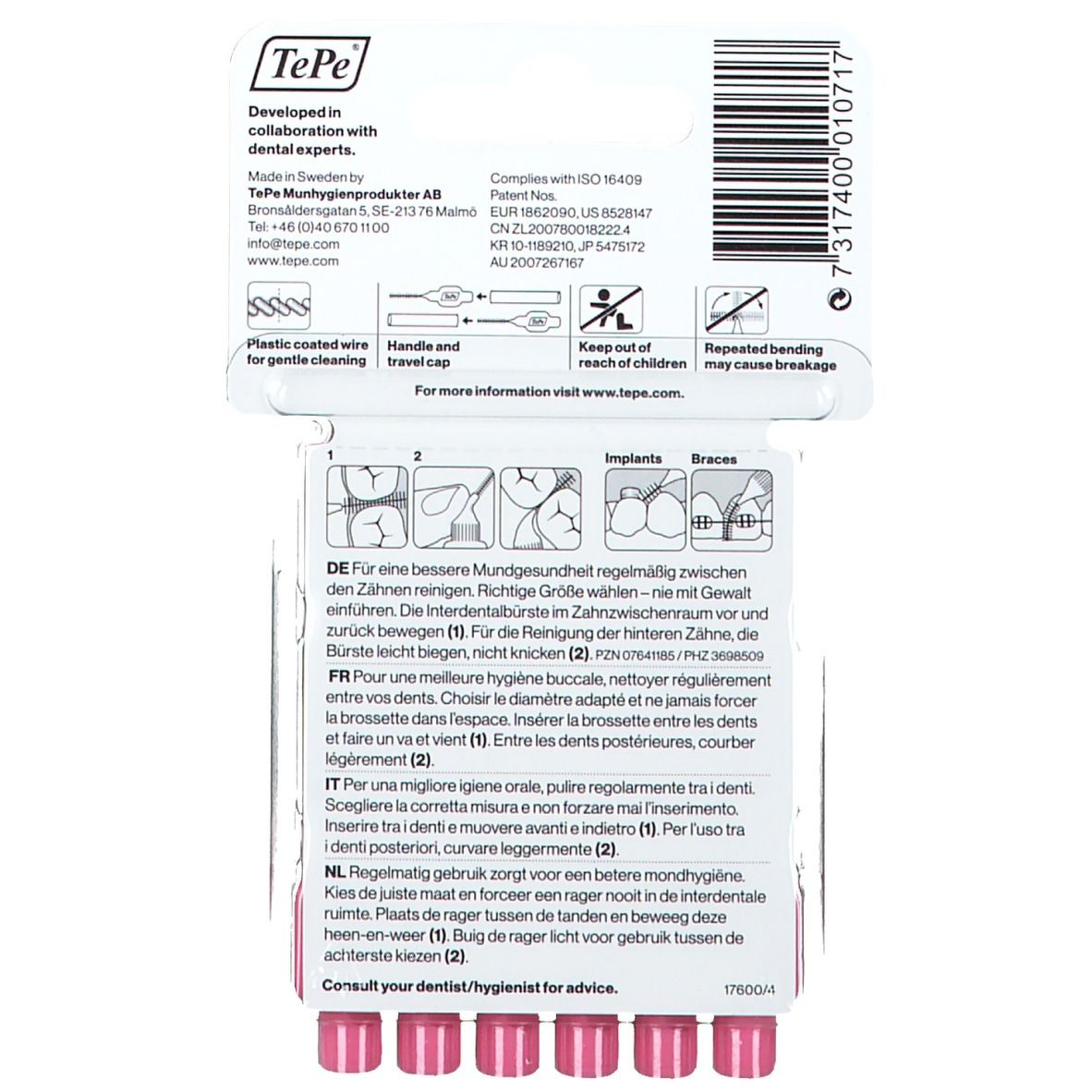 Retro della confezione con informazioni sul prodotto. Testo in tedesco, francese, italiano e olandese. Scovolini rosa visibili.