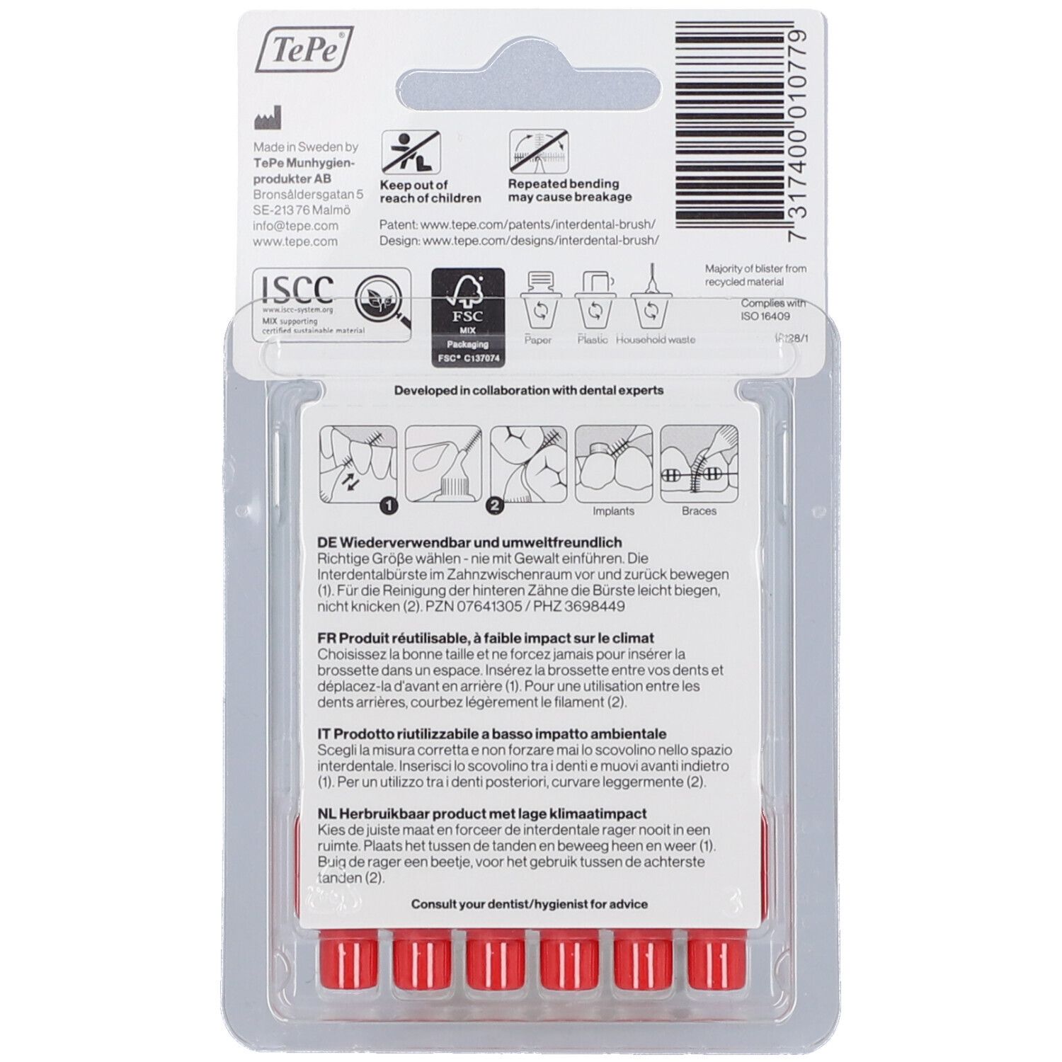 Retro della confezione di scovolini rossi. Informazioni sul produttore, riciclaggio e istruzioni per l'uso in più lingue.